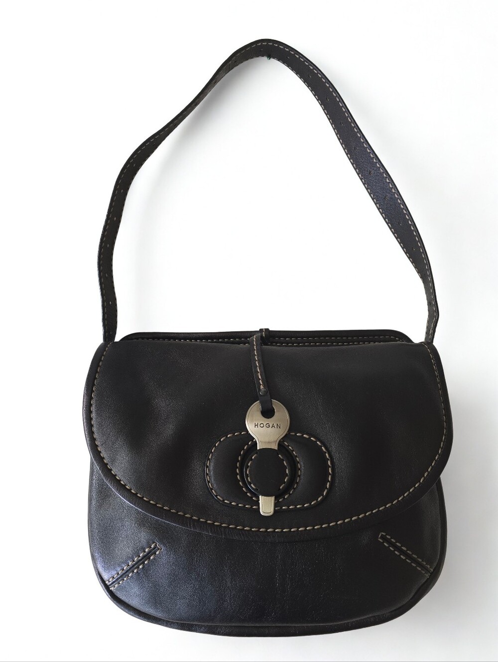 Hogan Black Leather Shoulder Bag Made Italy Y2K Key Closure